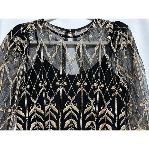Vtg Cachet Midi‎ Formal Black Chiffon Dress lace Gold overlay sz 9/10 whimsigoth - Picture 6 of 11